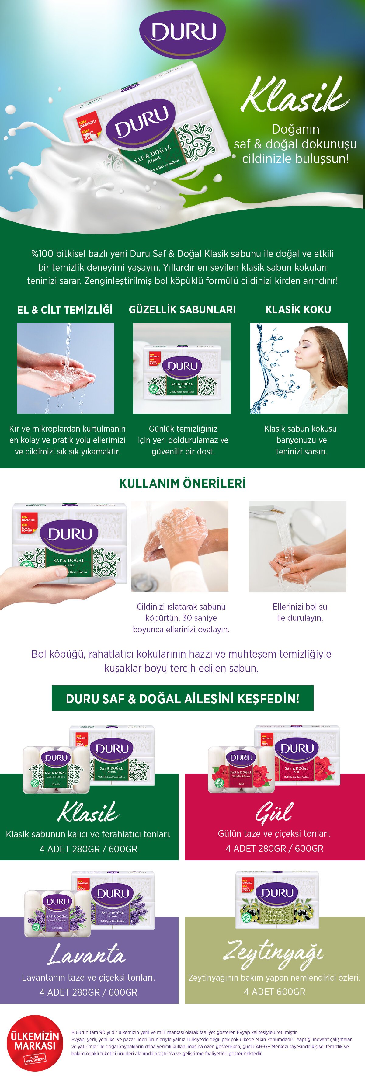 Duru Saf & Doğal Kaynaklı Klasik 4 Adet Beyaz Kalıp Sabun 600Gr