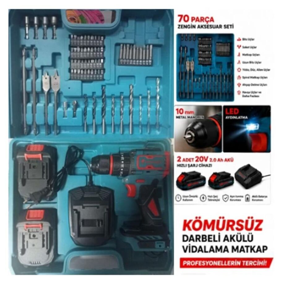 CATPOWER 1050 Kömürsüz Darbeli Şarjlı Matkap Vidalama 20V 2.0AH 55 Nm Brushless Çift Akülü 70 Parça