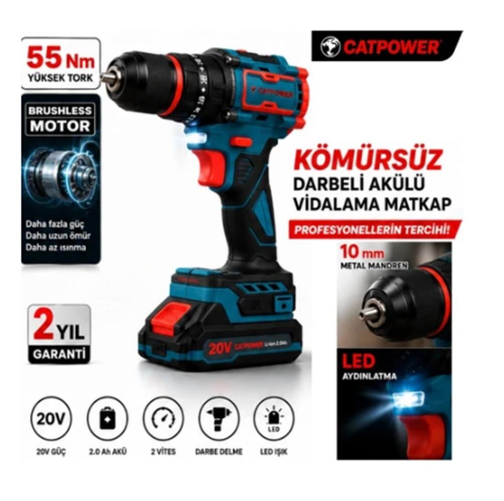 CATPOWER 1050 Kömürsüz Darbeli Şarjlı Matkap Vidalama 20V 2.0AH 55 Nm Brushless Çift Akülü 70 Parça