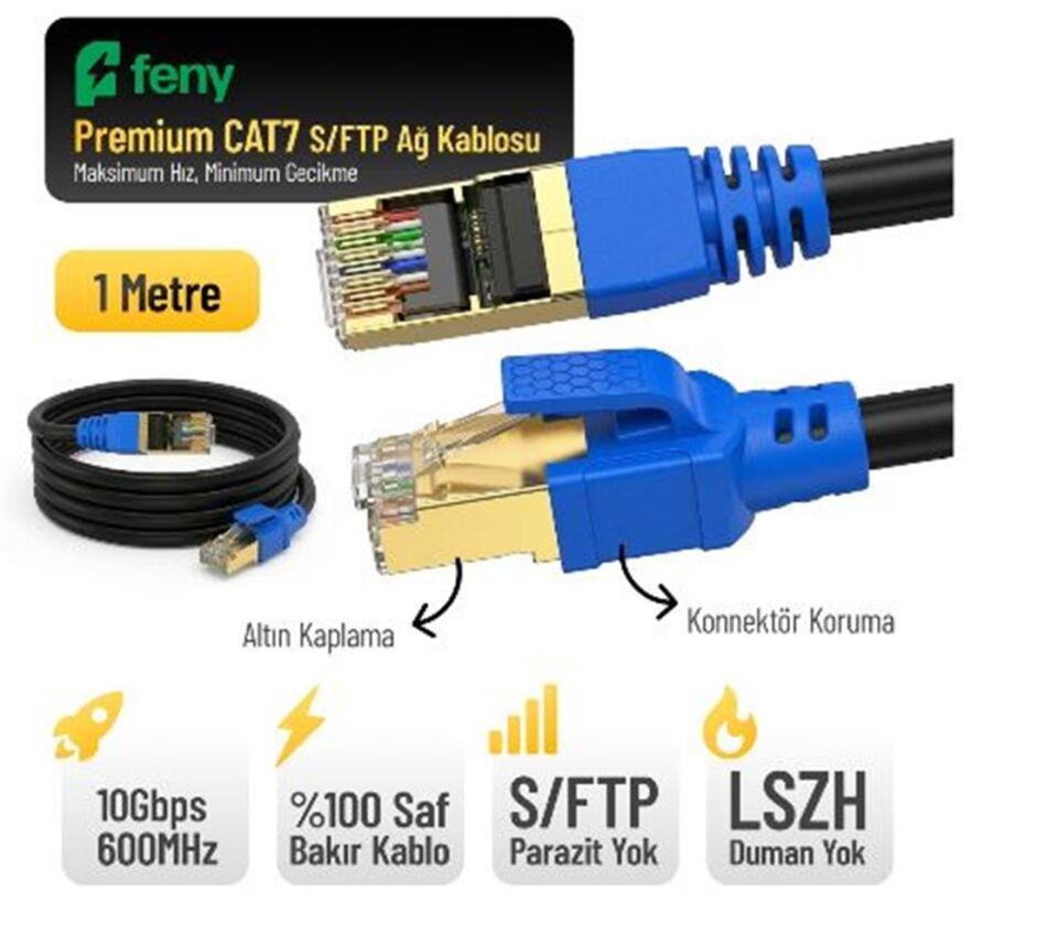 FENY FN-CAT7LS01 10GBPS İNTERNET 60MHZ 1 METRE CAT7 GOLD PATCH KABLO