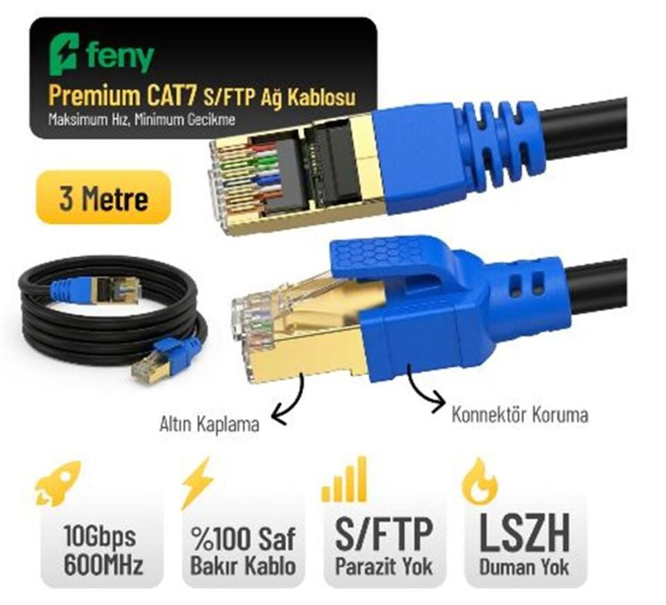 FENY FN-CAT7LS03 10GBPS İNTERNET 60MHZ 3 METRE CAT7 GOLD PATCH KABLO