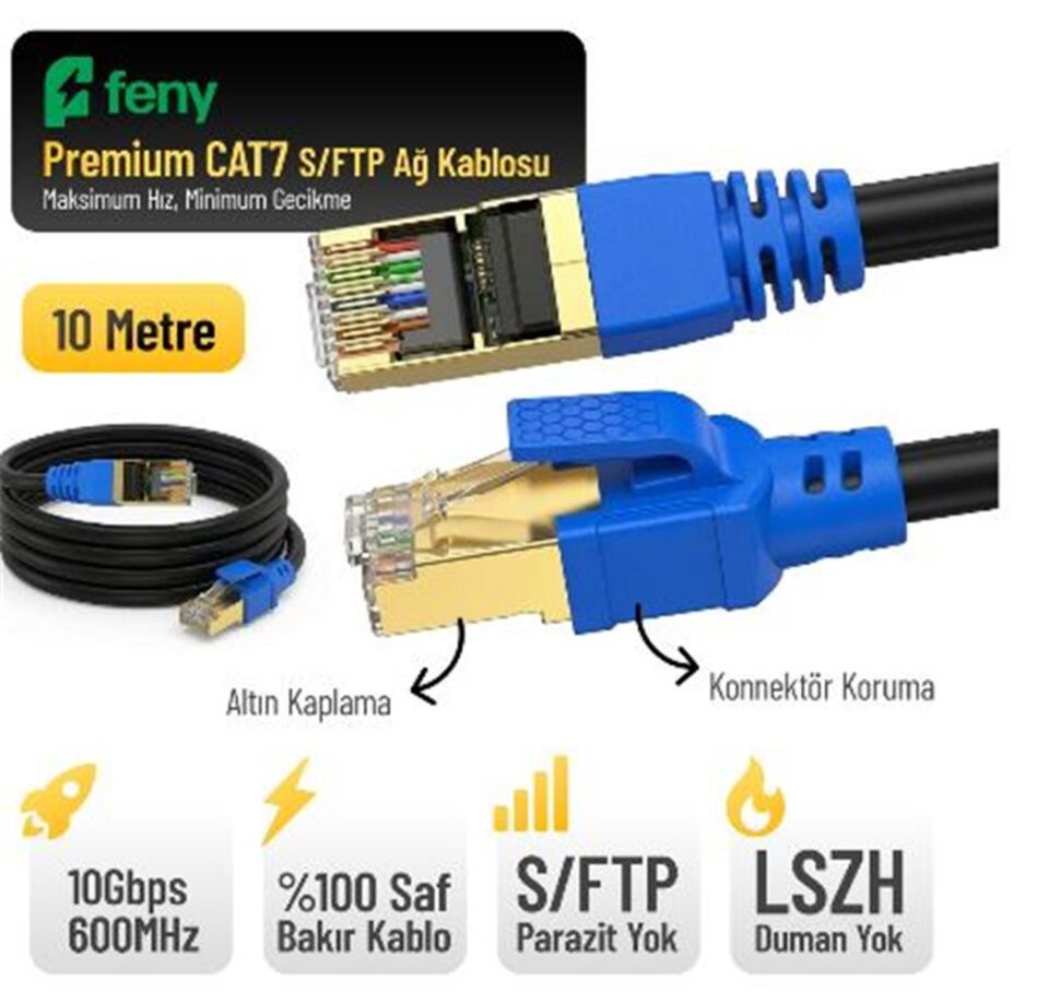 FENY FN-CAT7LS10 10GBPS İNTERNET 60MHZ 10 METRE CAT7 GOLD PATCH KABLO