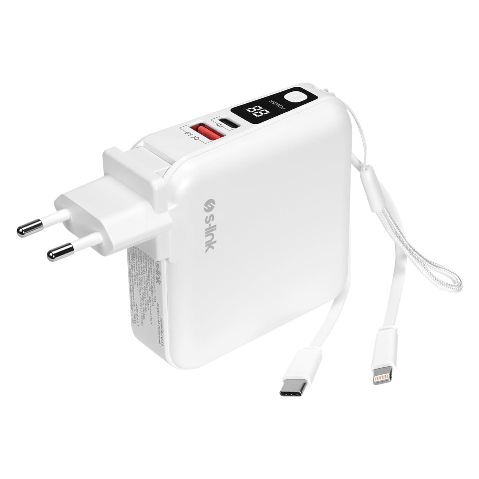 S-link G150 15000mAh Lightning+Type-C Kablolu Powerbank Siyah PD22.5W LCD AC Prizli  Pil Şarj Cihazı