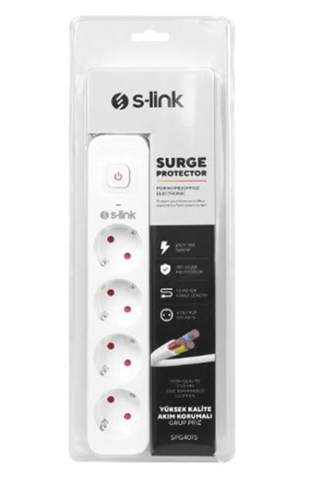 S-link SPG401S 1.5m 1.5mm 100 yüzde  Bakır 750 Joule 4 lü Anahtarlı Akım Korumalı Priz