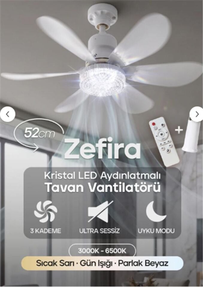 Feny Fn-F82 Zefira 3 Kademe Ultra Sessiz Uyku Mod 3000k-6500K Kristal Led Tavan Vantilatörü Kumanda