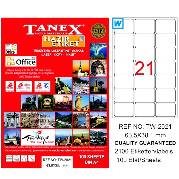 Tanex Laser Etiket 100 YP 63x38 MM Laser-Copy-Inkjet TW-2021