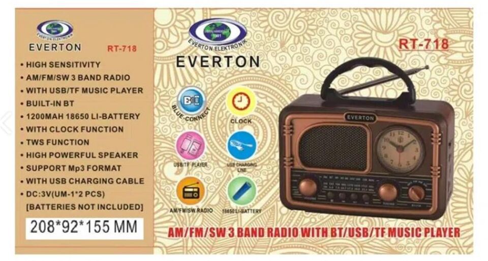 Everton RT-718 Bluetooth-USB-SD-FM Şarjlı  Nostaljik Radyo