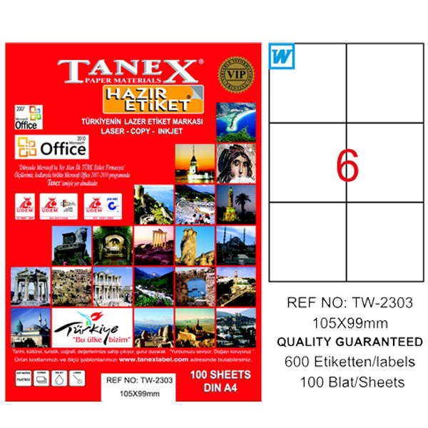 Tanex Laser Etiket 100 YP 105x99 Laser-Copy-Inkjet TW-2303