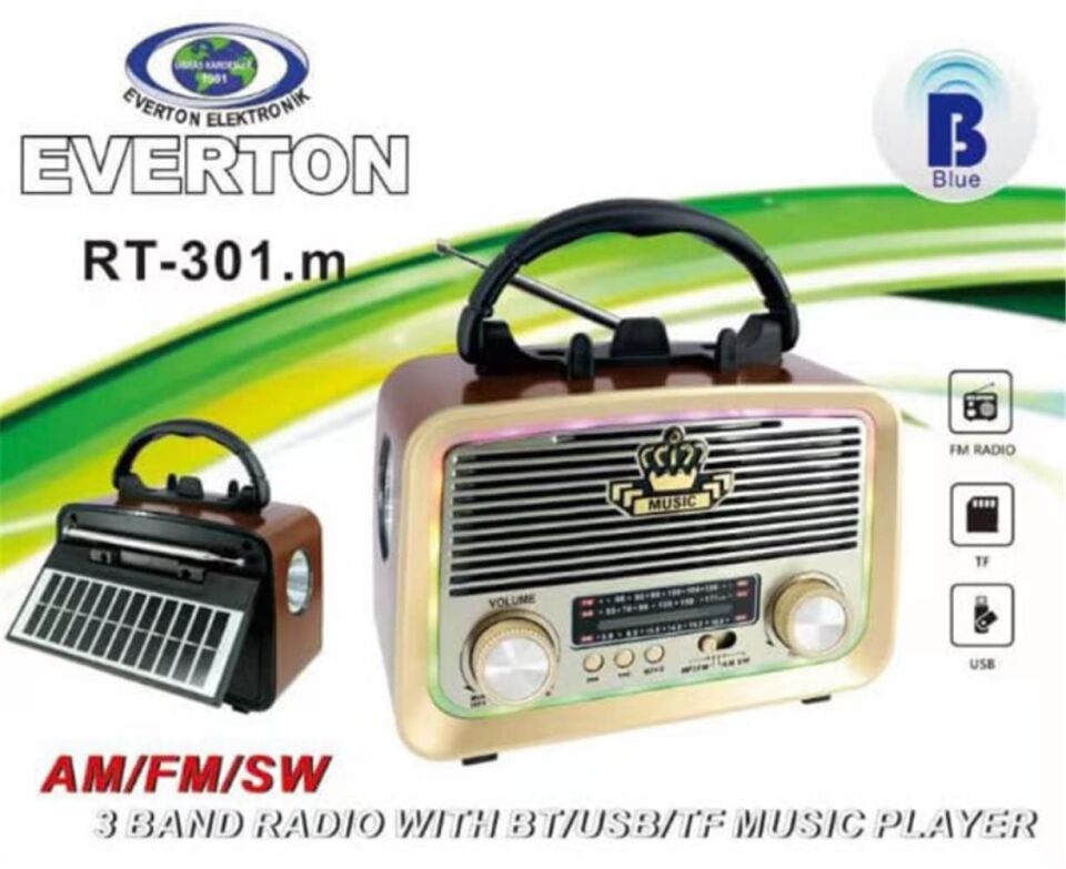 Everton RT-301.m  Bluetooth-USB-SD-FM Şarjlı,Solarlı,Ledli, Nostaljik Radyo El Fenerl Radyo