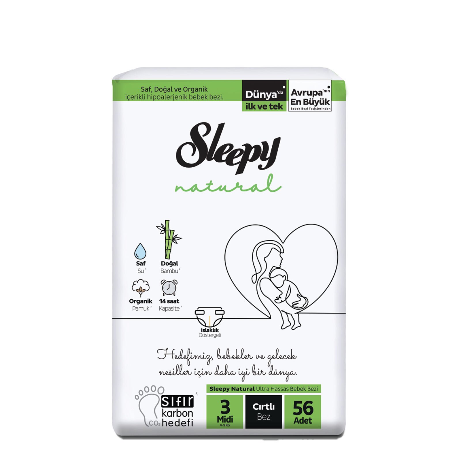 Sleepy Bio Natural Ekonomik Paket Bebek Bezi 3 Numara Midi 56 Adet 4-9 Kg
