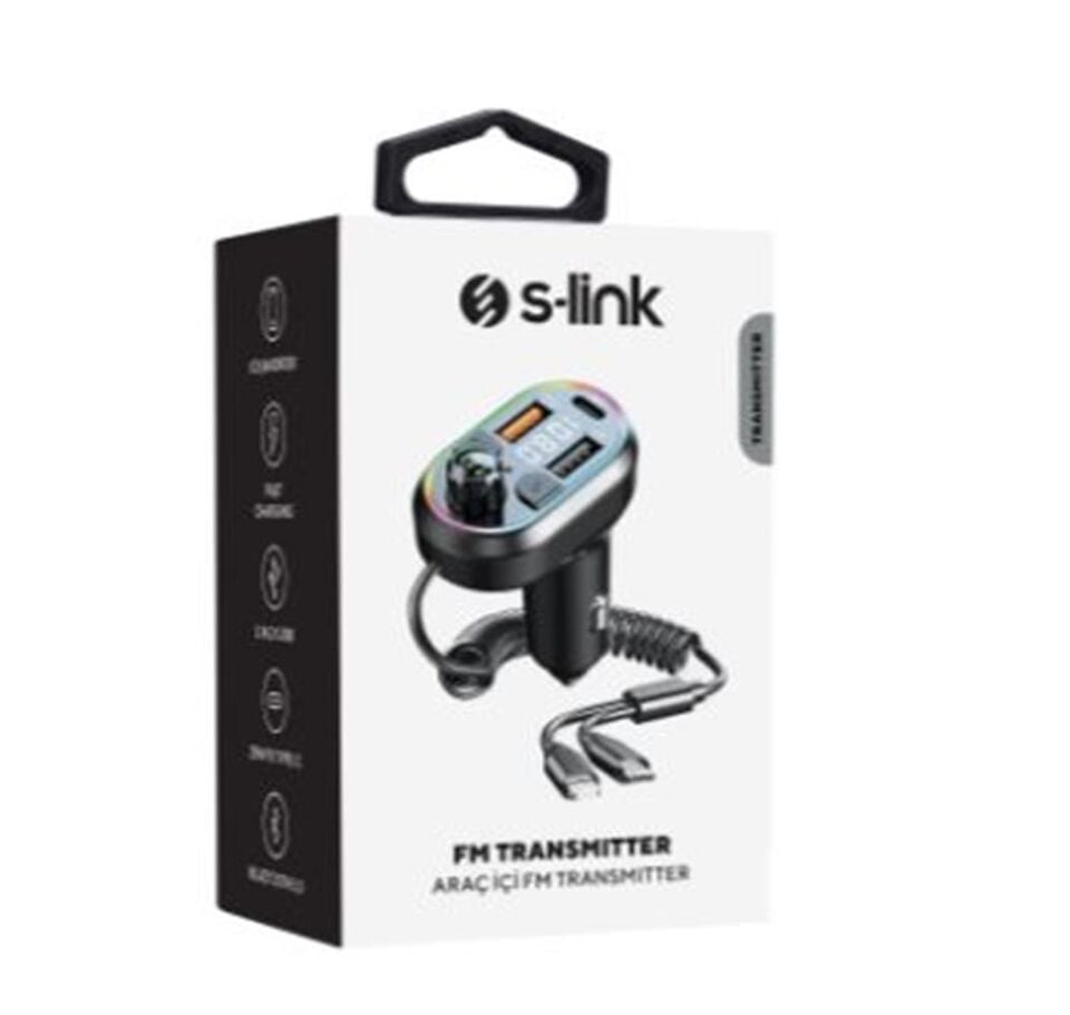 S-link SL-BT307 Çift USB 5V 3.1A-1A Led Işıklı Siyah 2 İn 1 C Port + İphone Bluetooth Fm Transmitter