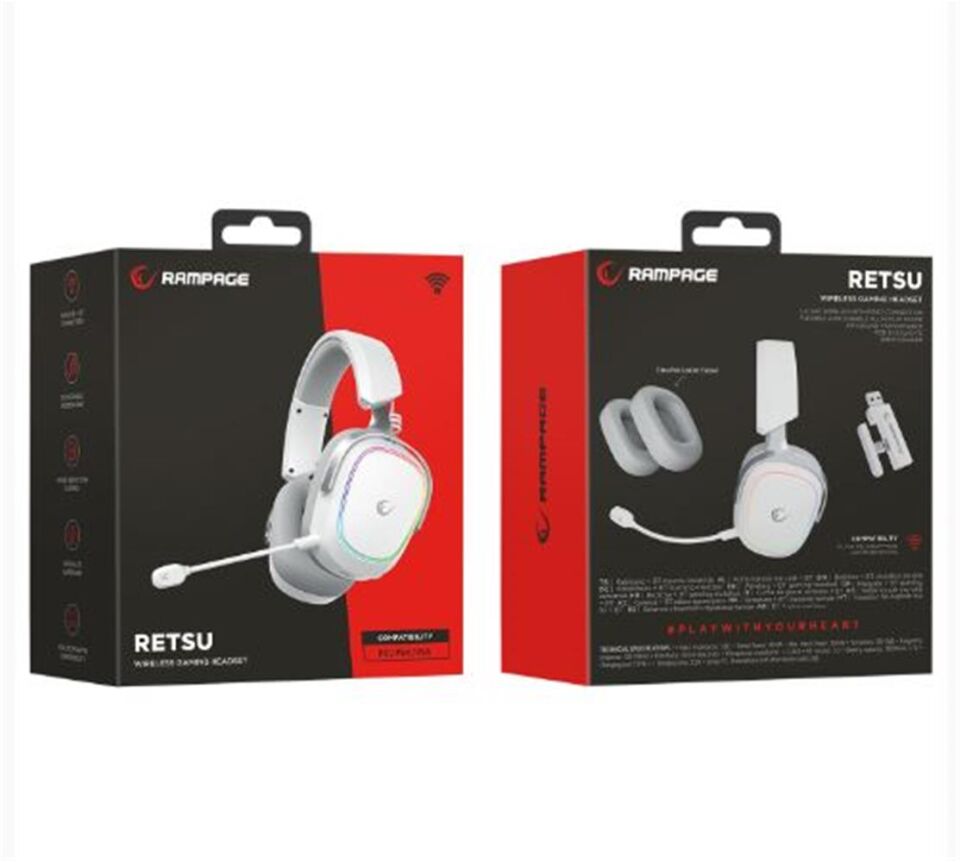 Rampage RETSU Beyaz-Gri Kablosuz 2.4G+ Bluetooth Kumaş  Deri  Earpad Mikrofonlu Oyuncu Kulaklığı