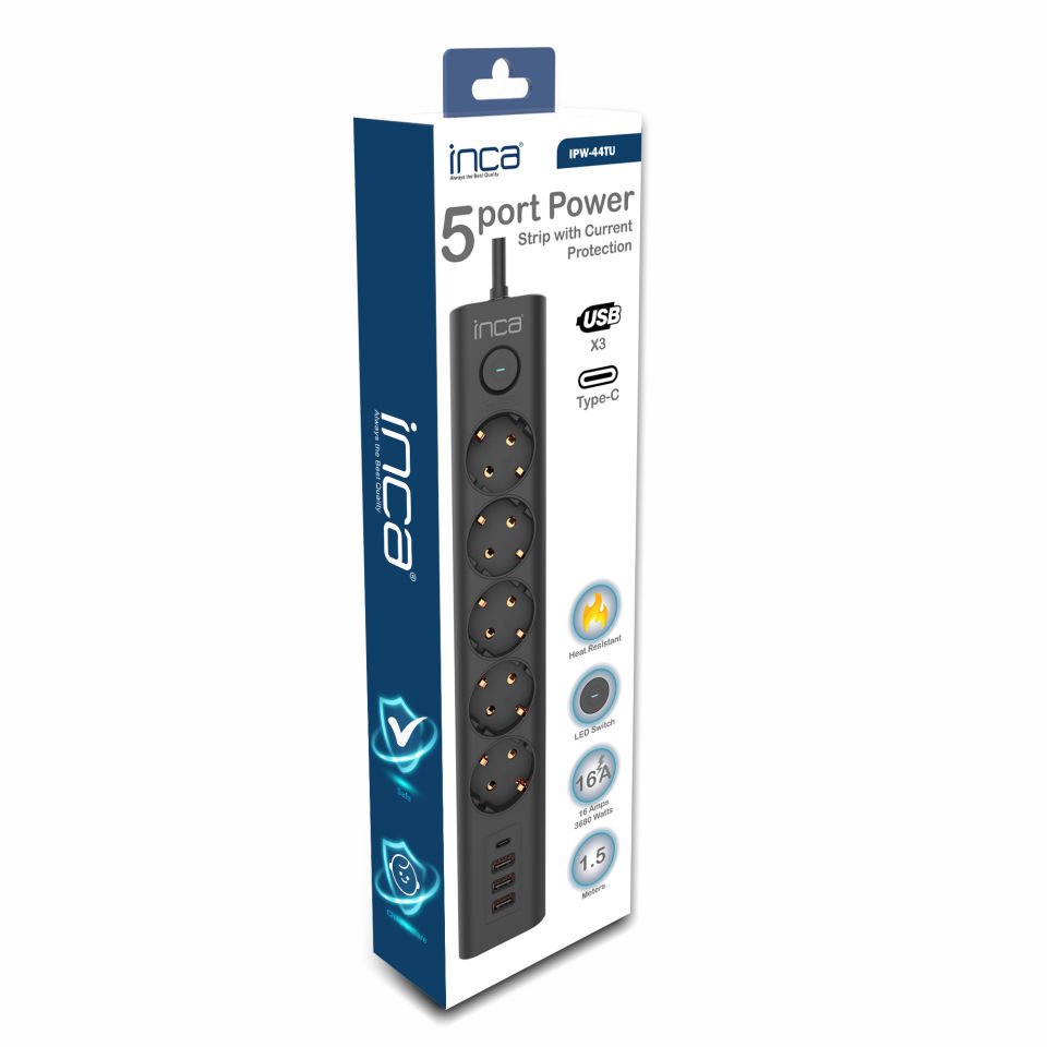 INCA IPW-44TU 5li  2Usb+Typ-C Akım Kor. Led Tuş. Priz 1.5m Siyah