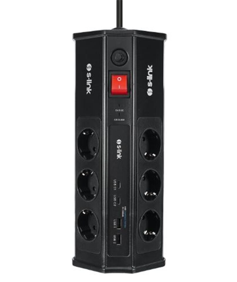 S-link PRZ03 PrizHive 3M 630 Joule 1.5mm 2 USB 2 TypeC 2.4A-5V 500V 6000V 6lı Akım Korumalı Priz