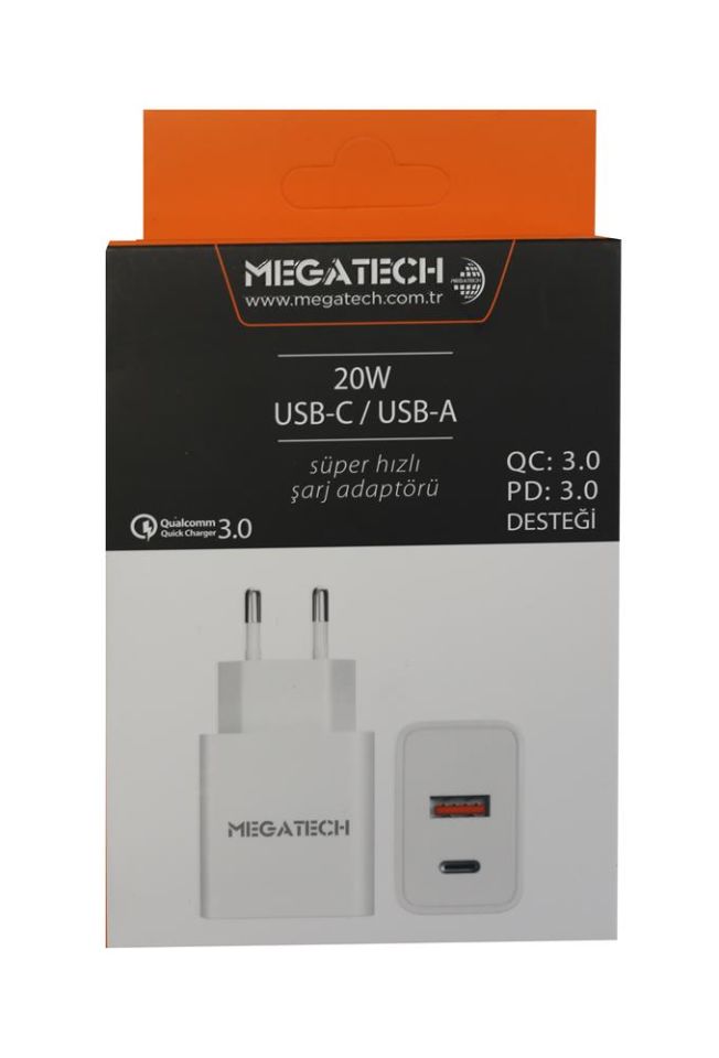 Megatech 20w Beyaz USB-C USB-A  Şarj Kafa QC:3.0-PD:3.0