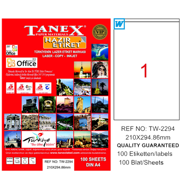 Tanex Laser Etiket 100 YP 210x294,86 Laser-Copy-Inkjet TW-2294