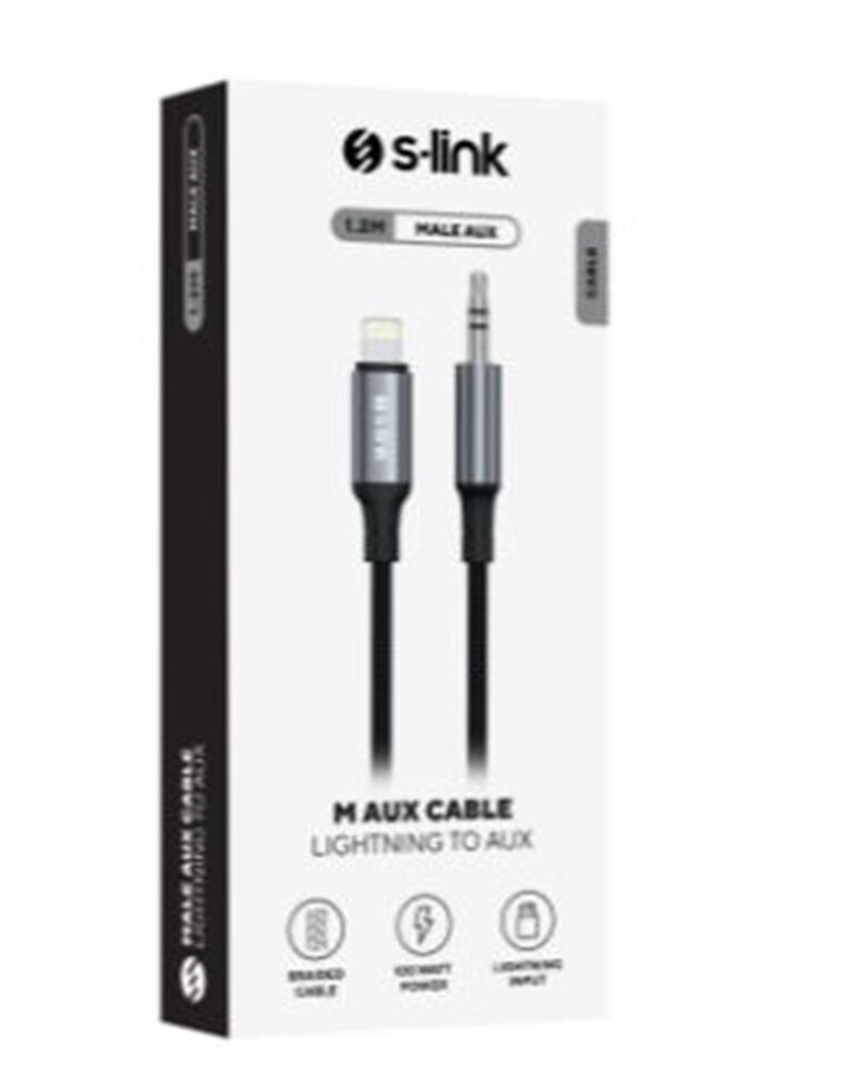 S-link Armor ML-01 1.2m Lightning to M AUX Örgülü Metal Başlıklı Siyah Ses Kablosu