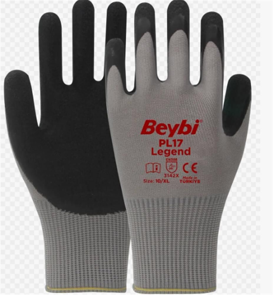BEYBİ PL-17 10 Beden Gri-Siyah 12li Paket Legend Polyester Örme Lateks Eldiven
