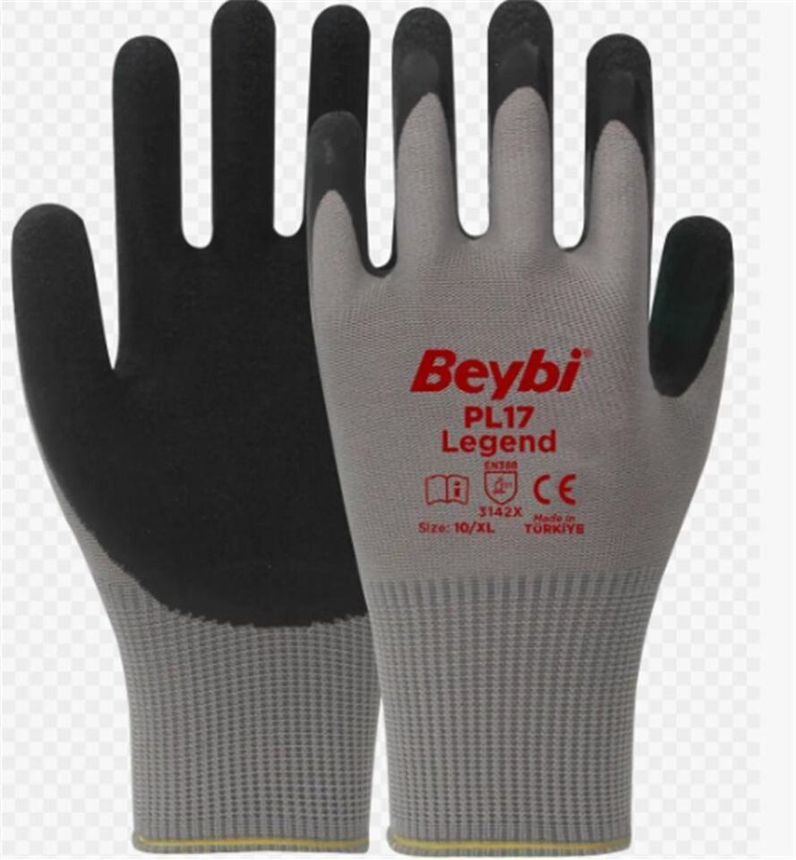 BEYBİ PL-17 10 Beden Gri-Siyah 12li Paket Legend Polyester Örme Lateks Eldiven