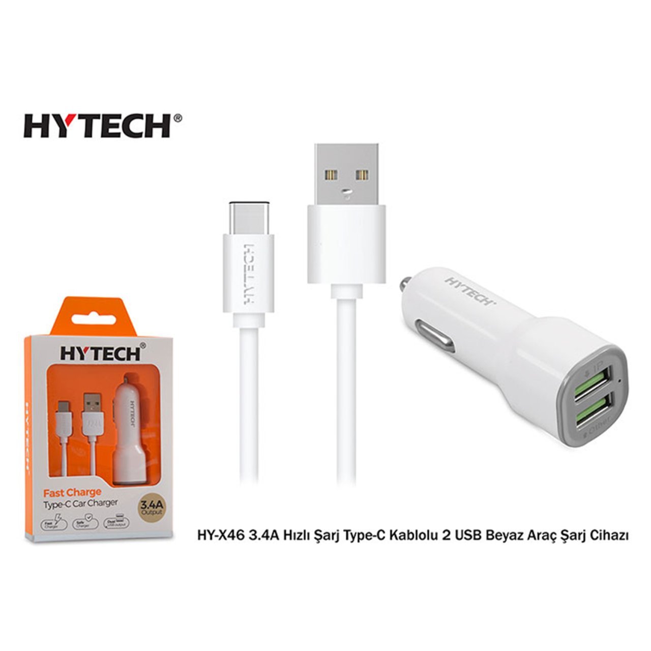 Hytech HY-X46 3.4A Hızlı Şarj Type-C Kablolu 2 USB Beyaz Araç Şarj Cihazı