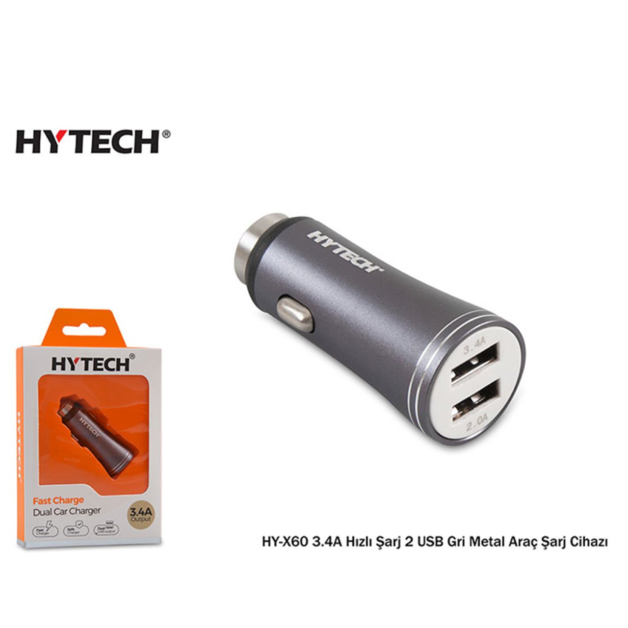 Hytech HY-X60 3.4A Hızlı Şarj 2 USB Gri Metal Araç Şarj Cihazı