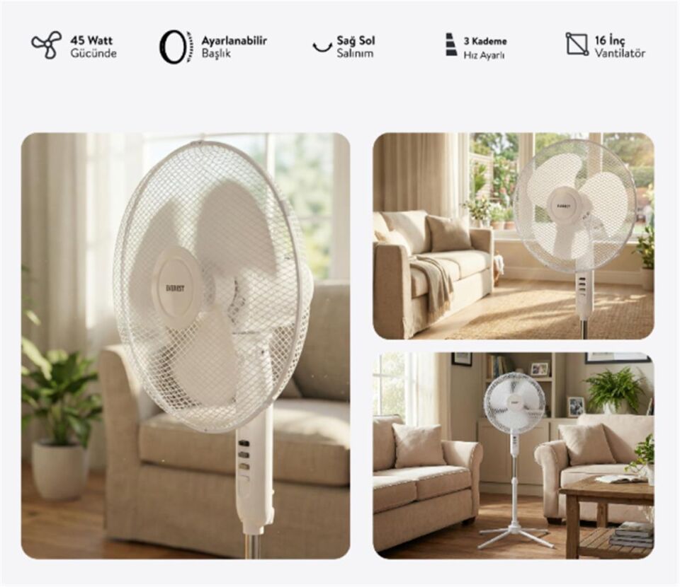 Everest FAN10 EcoWind Beyaz Metal Yıldız Ayak 3 Bıçaklı Vantilatör- Pervanesi 16'' Maks 45W 3 Kademe