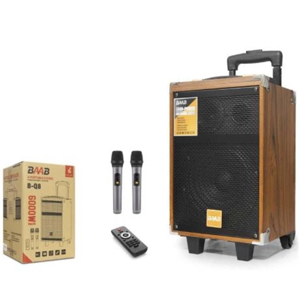 BAAB BQ8 Çift Karaoke Mikrofonlu Bluetooth Hoparlör FM Radyo 40W 8 İnç Kumandalı Ahşap