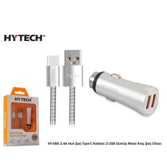 Hytech HY-X66 3.4A Hızlı Şarj Type-C Kablolu 2 USB Gümüş Metal Araç Şarj Cihazı