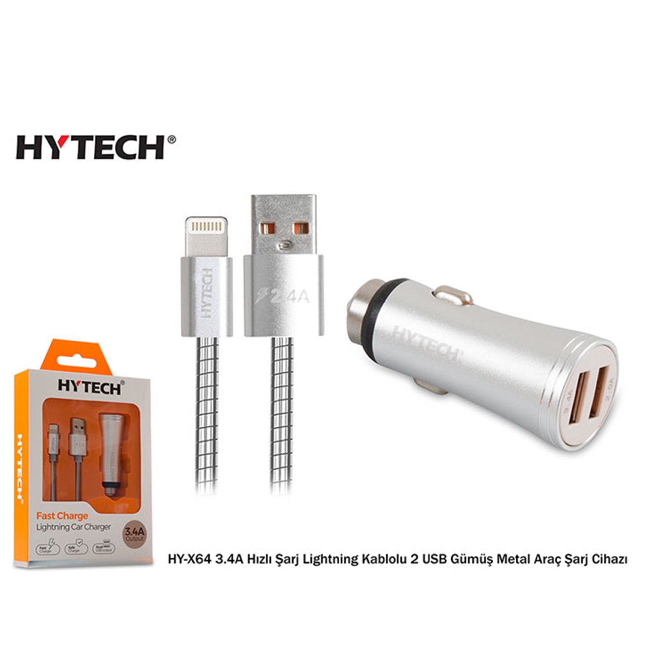 Hytech HY-X64 3.4A Hızlı Şarj Lightning Kablolu 2 USB Gümüş Metal Araç Şarj Cihazı