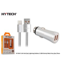 Hytech HY-X64 3.4A Hızlı Şarj Lightning Kablolu 2 USB Gümüş Metal Araç Şarj Cihazı