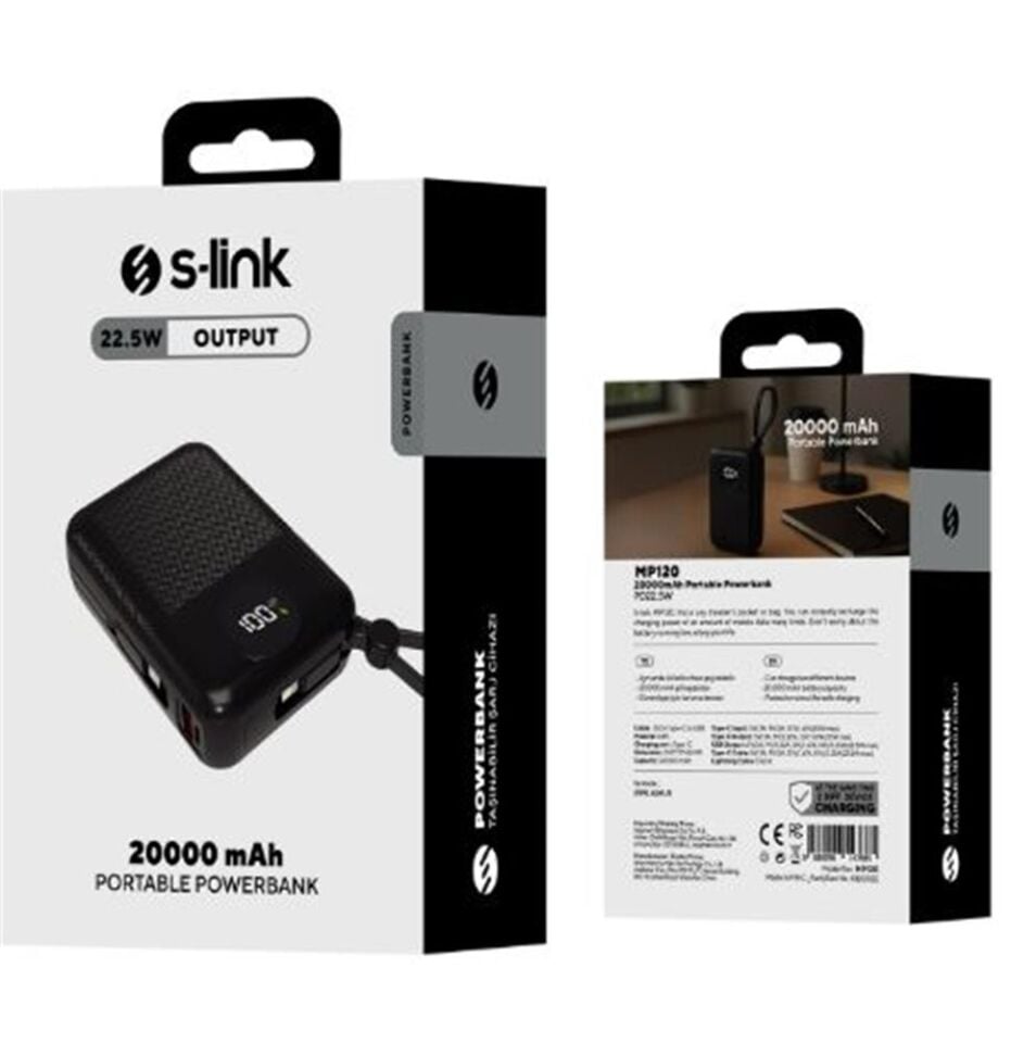 S-link MP120 20000mAh PD22.5W Type-C+Lightning Kablolu Siyah  Pil Şarj Cihazı Powerbank