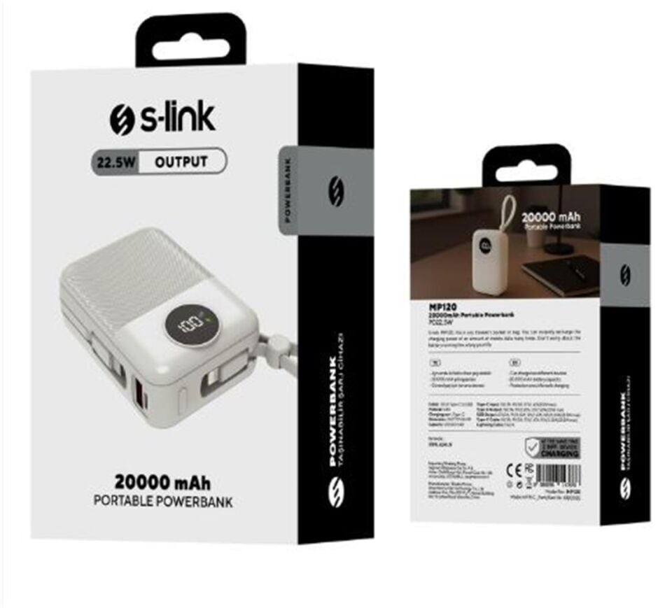S-link MP120 20000mAh PD22.5W Type-C+Lightning Kablolu Beyaz  Pil Şarj Cihazı Powerbank