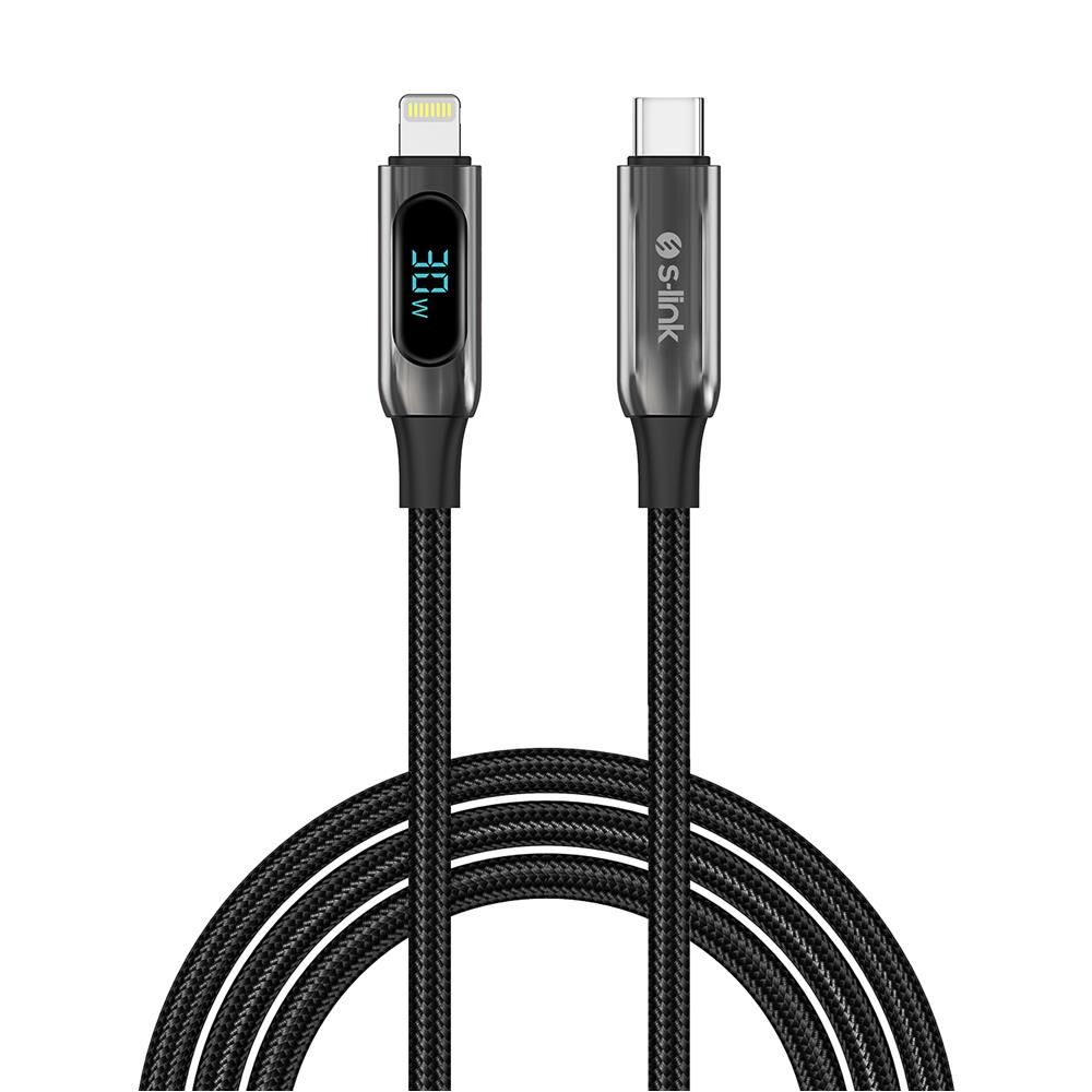 S-link Armor LED CL-030 30W 1mt Type-C to Lightning PD Örgülü LED Başlıklı Siyah Hızlı Şarj Kablosu