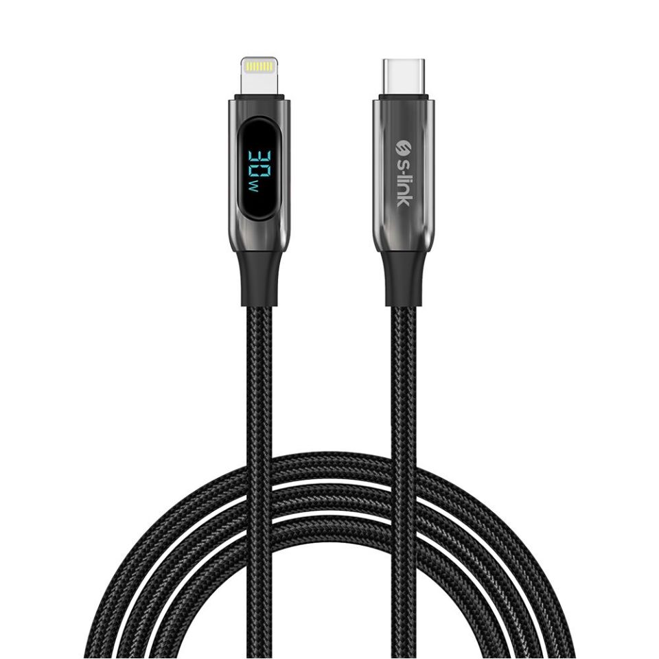 S-link Armor LED CL-030 30W 1mt Type-C to Lightning PD Örgülü LED Başlıklı Siyah Hızlı Şarj Kablosu