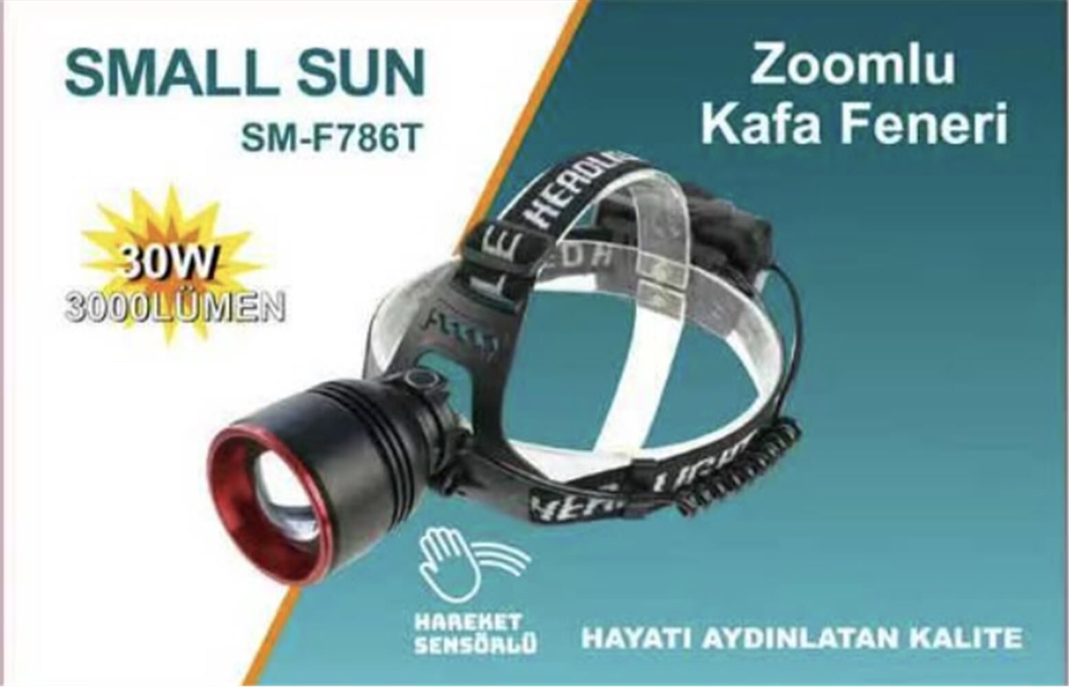 Small Sun SM-F786T Kafa Fener 30w 3000 lumen Hareket Sensörlü Zoomlu Şarjlı 3x18650 Lityum pil
