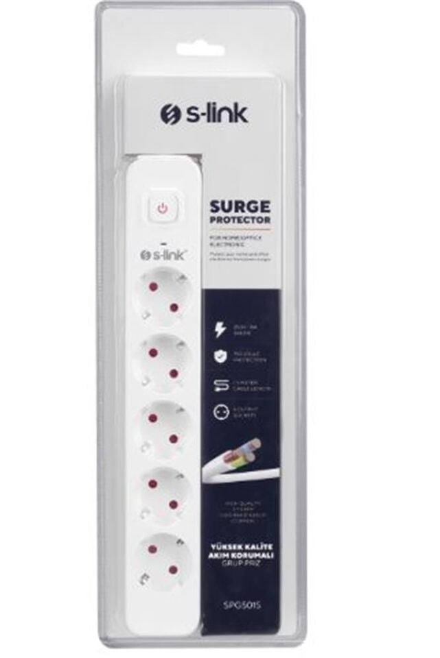 S-link SPG501S 1.5m 1.5mm 100 yüzde  Bakır 750 Joule 5 li Anahtarlı Akım Korumalı Priz