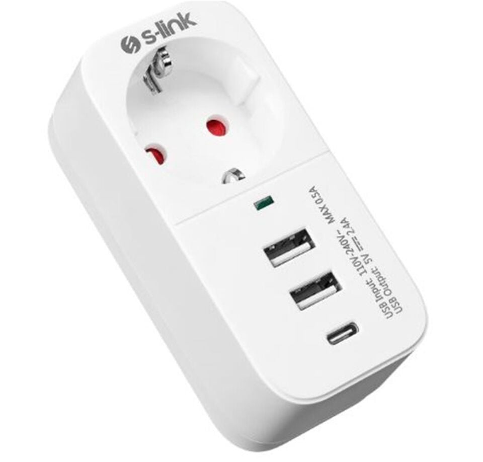 S-link SL-011 16A-250V 750 Joule 2 Usb 1 Type C 5V2.4A  Akım Korumalı Tekli Priz