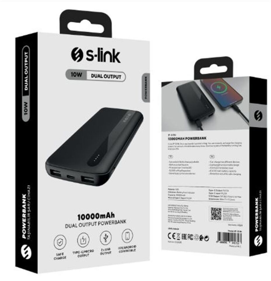 S-link IP-G11N 10000mAh Micro+Usb+ Type-C Giriş+Çıkış Siyah Taşınabilir Pil Şarj Cihazı Powerbank