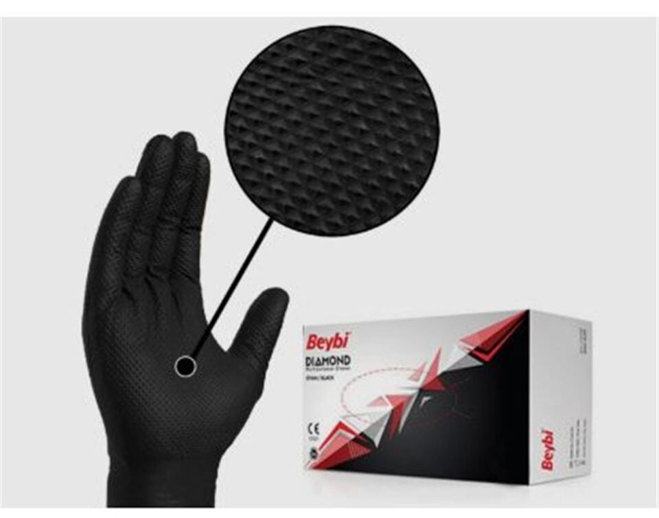 Beybi Diamond Xl Pudrasız Kalın Siyah Nitril Eldiven XL (Kutuda 100 Adet)