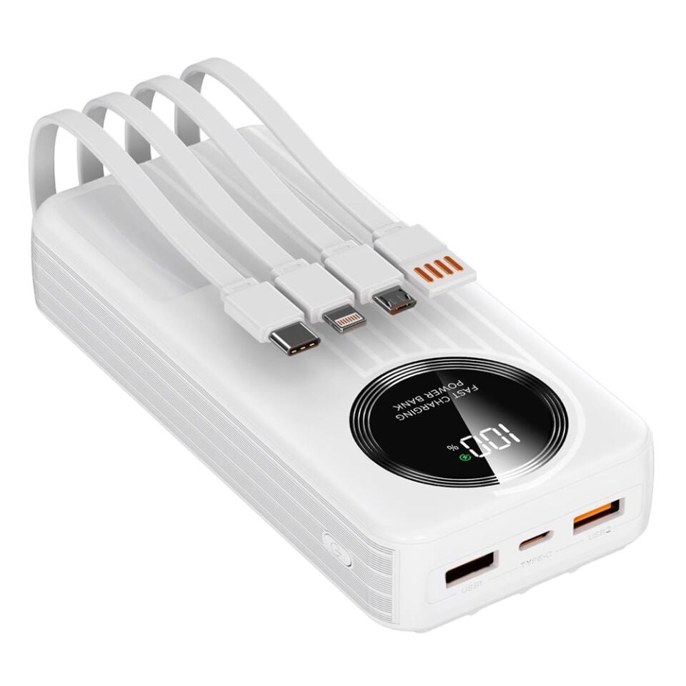 S-link IP-G220 20000mAh PD20W+QC3.0 Dahili Kablolu Beyaz LCD Taşınabilir Pil Şarj Cihazı Powerbank