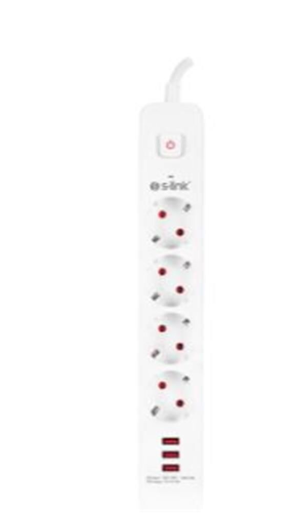 S-link SPG403U 1.5m 1.5mm 100 yüzde  Bakır 750 Joule 3 Usb 5V2.4A 4lü Anahtarlı Akım Korumalı Priz