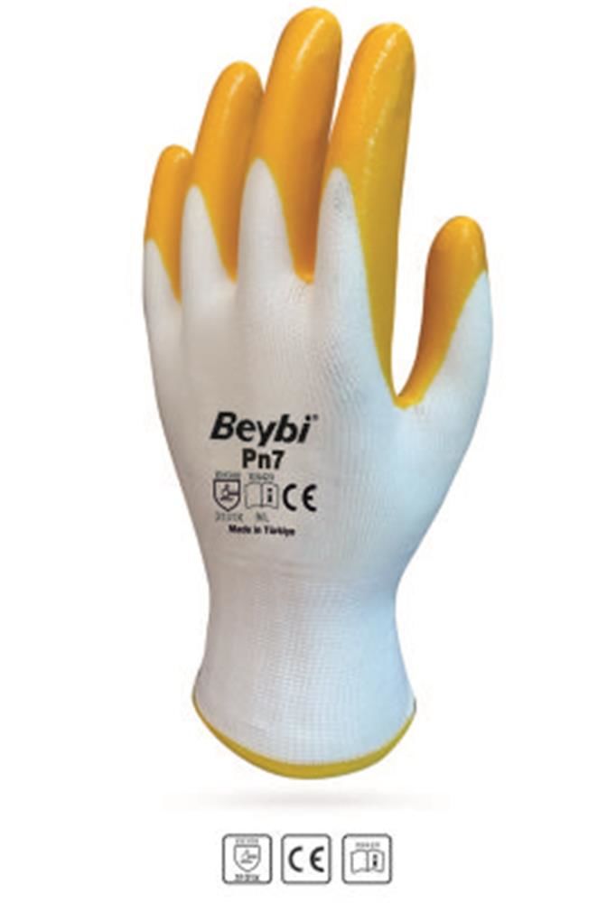 Beybi PN7 Sarı 10 Beden 12 Çift Polyester Örme Nitril İş Eldiveni