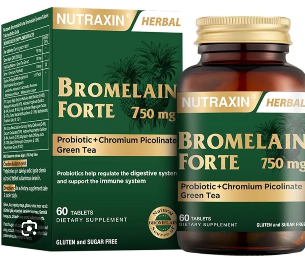 Nutraxin Bromelain Forte 750 mg-60 Tablet, Probiyotik ve Krom İçeren Yeşil Çay Takviye Edici Gıda, Türkiye Menşeli