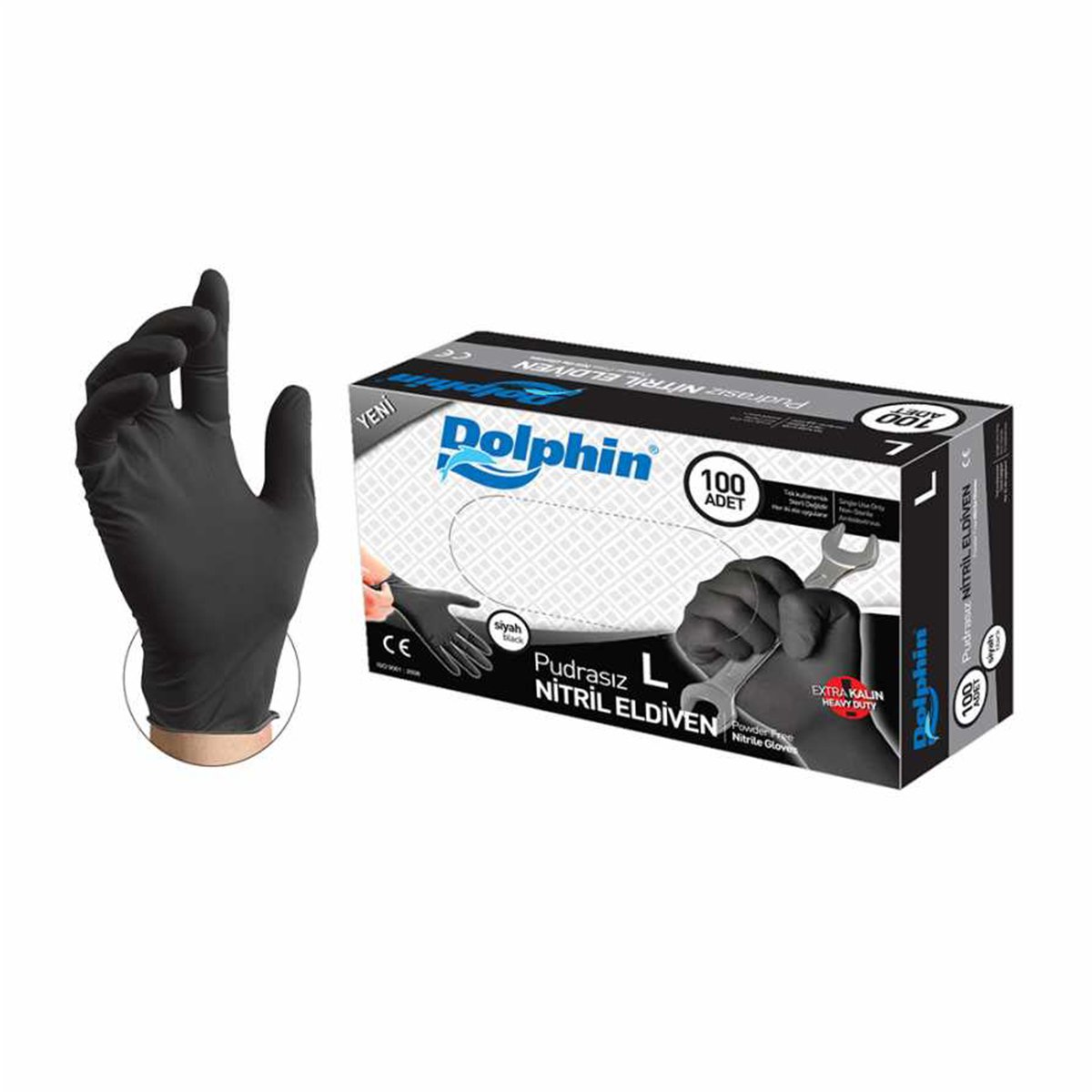 Dolphin Siyah Pudrasız Nitril Eldiven Ekstra Kalın (L) 100lü Paket