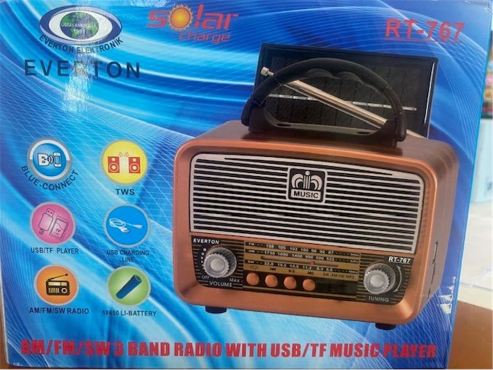 Everton Rt-767 -Usb-Tf-Am-Fm-Sw-Tws-Usb Güneş Enerjili Şarj Nostaljik Radyo