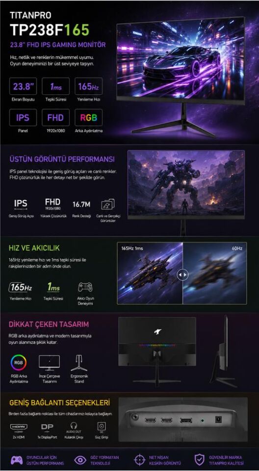 TITANPRO TP238F165 23,8'' 1MS 165Hz IPS FHD sRGB Gaming Monitör