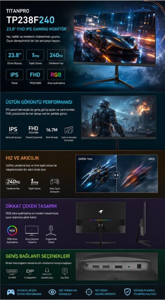 TITANPRO TP238F240 23,8'' 1MS 240Hz IPS FHD sRGB Gaming Monitör