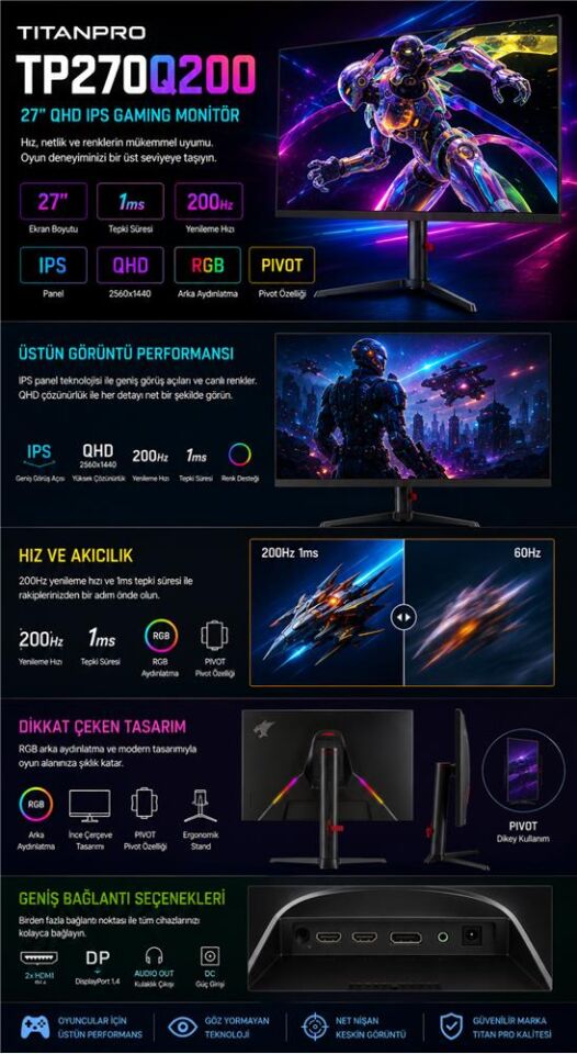 TITANPRO TP270Q200 27'' 1MS 200Hz IPS QHD sRGB Gaming Monitör