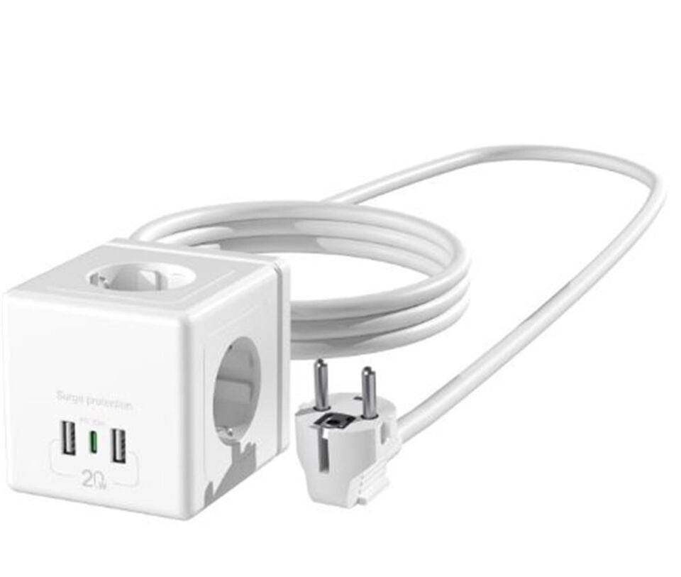 S-link PRZ04 4 Soketli 2 USB 1 Type-C PD20 2M 306 Joule Tam Bakır Küp Beyaz Akım Korumalı Priz