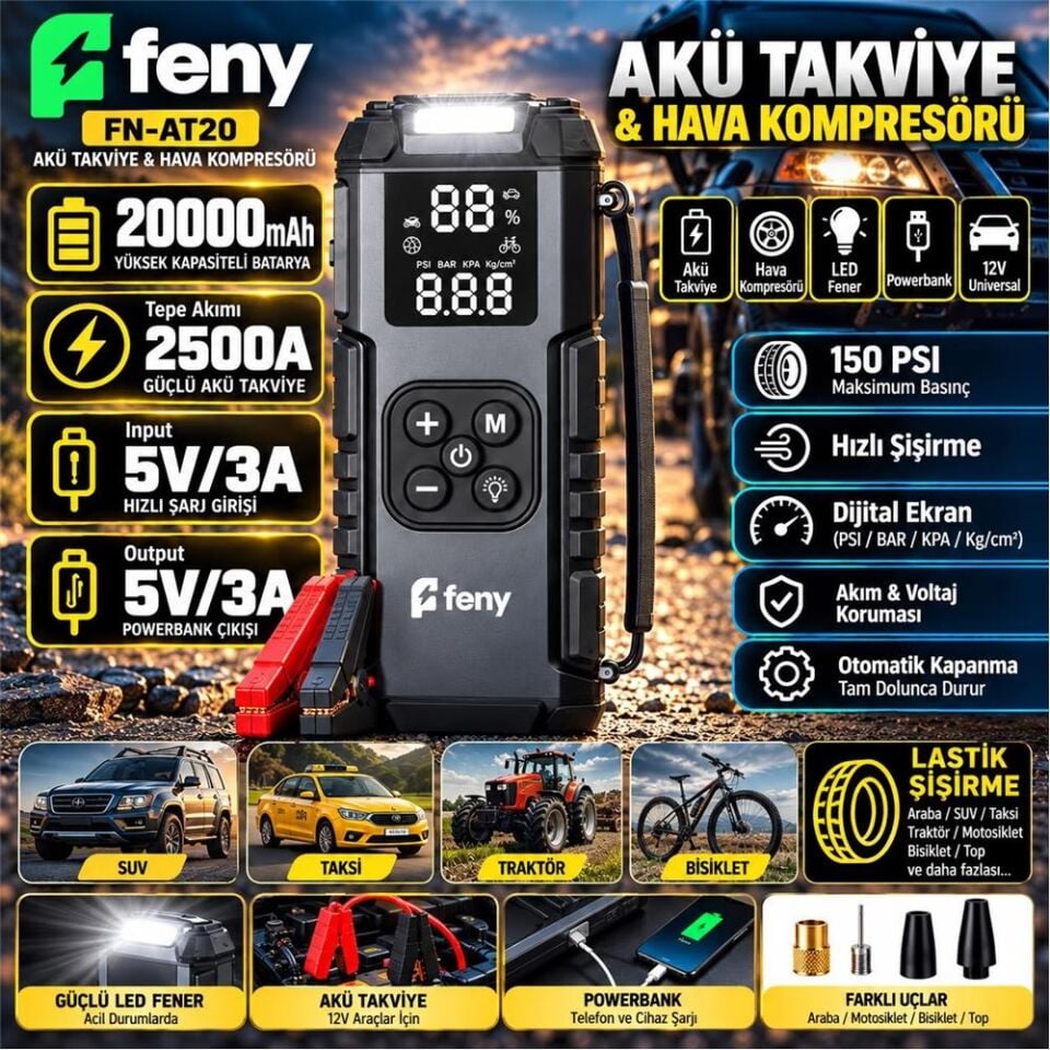 Feny FN-AT20 20.000 Mah 5v-3a Akü Takviye Ve Hava Kompresörü (Lastik Şişirme- Powerbank) Çantalı
